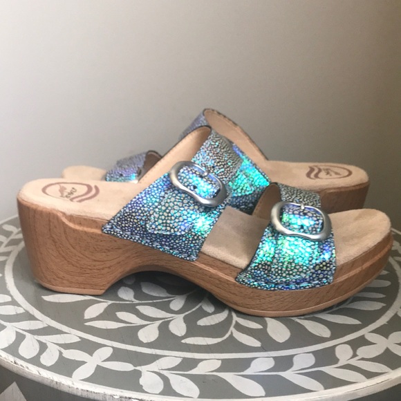 Dansko Shoes - Dansko Iridescent Teal Crackle Leather Sandals 36